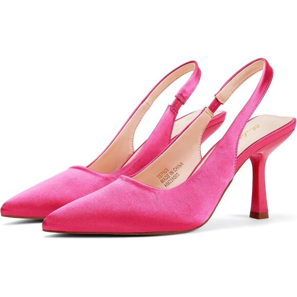 Women Pink Satin Pointed Closed Toe Slingback Mid Heels Stiletto Trendy Pumps - Picture 1 of 9